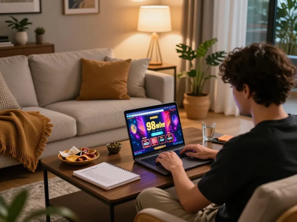 Enjoying online gaming on 98winlive with vibrant gaming interface, cozy home setting.