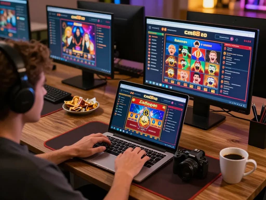 Experience online gambling excitement with cm88 through a cozy home gaming setup featuring multiple games on screen.
