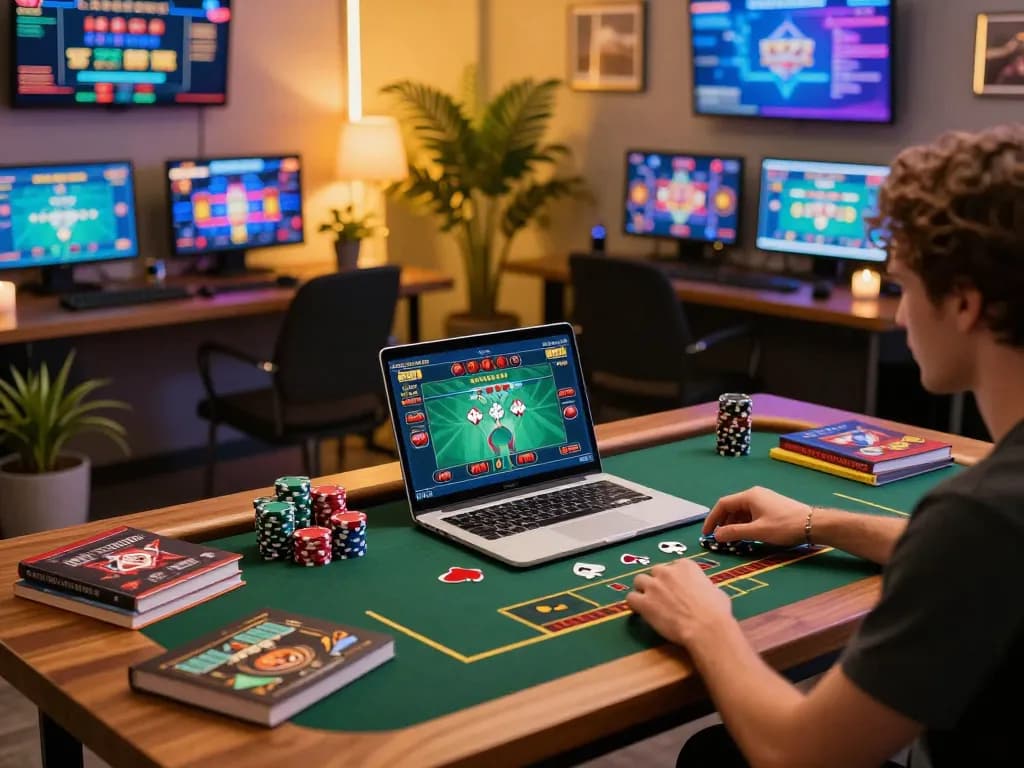 Person playing bem88 at a live dealer game on laptop with chips and strategy books.