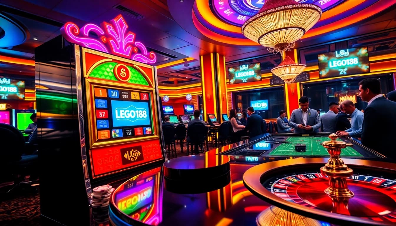 Players celebrating big wins on the casino floor at LEGO138 with vibrant slot machines and gaming tables.