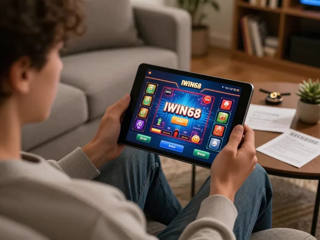 IWIN68 user engaged with online casino app on tablet, showcasing responsible gambling and strategic gameplay.