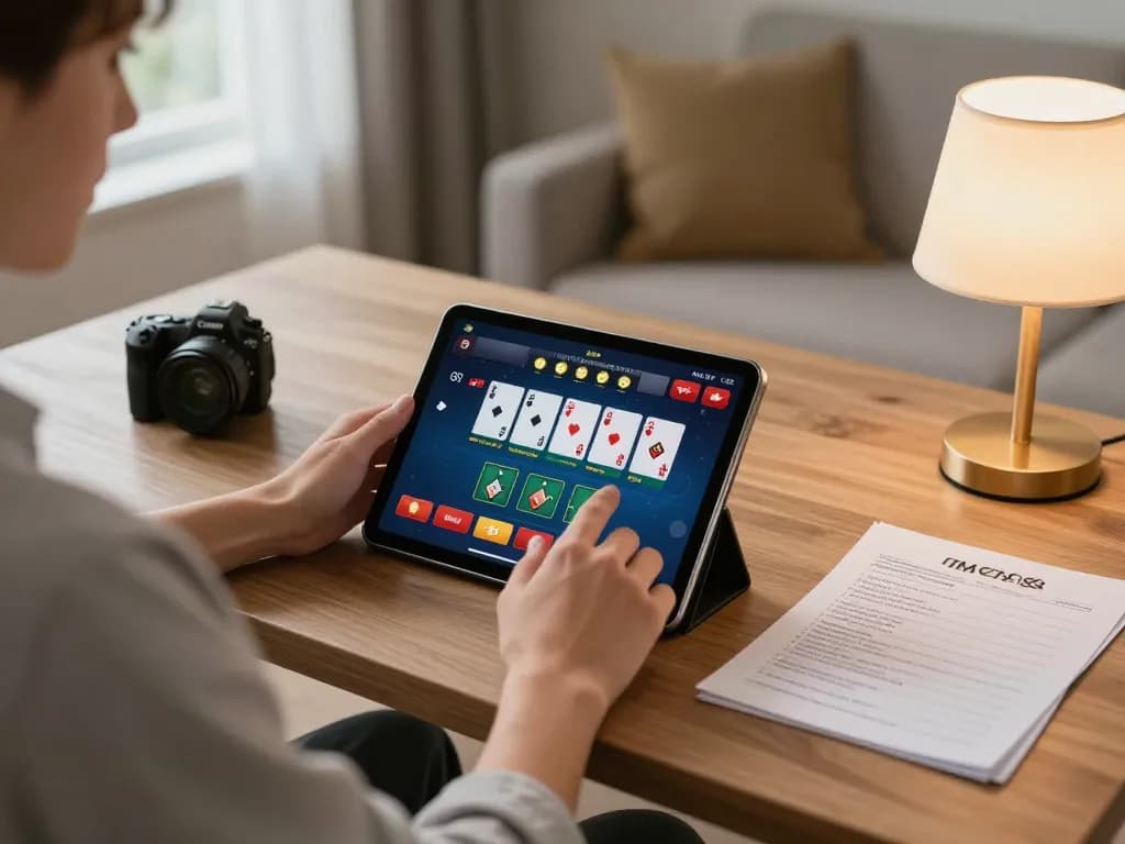 Player enjoying online poker on tablet, showcasing MM88 interface and strategy notes.