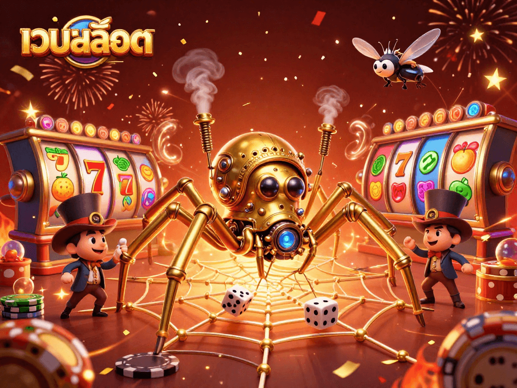 Experience thrilling เว็บสล็อต action as a steampunk spider captures luck in a vibrant casino web.