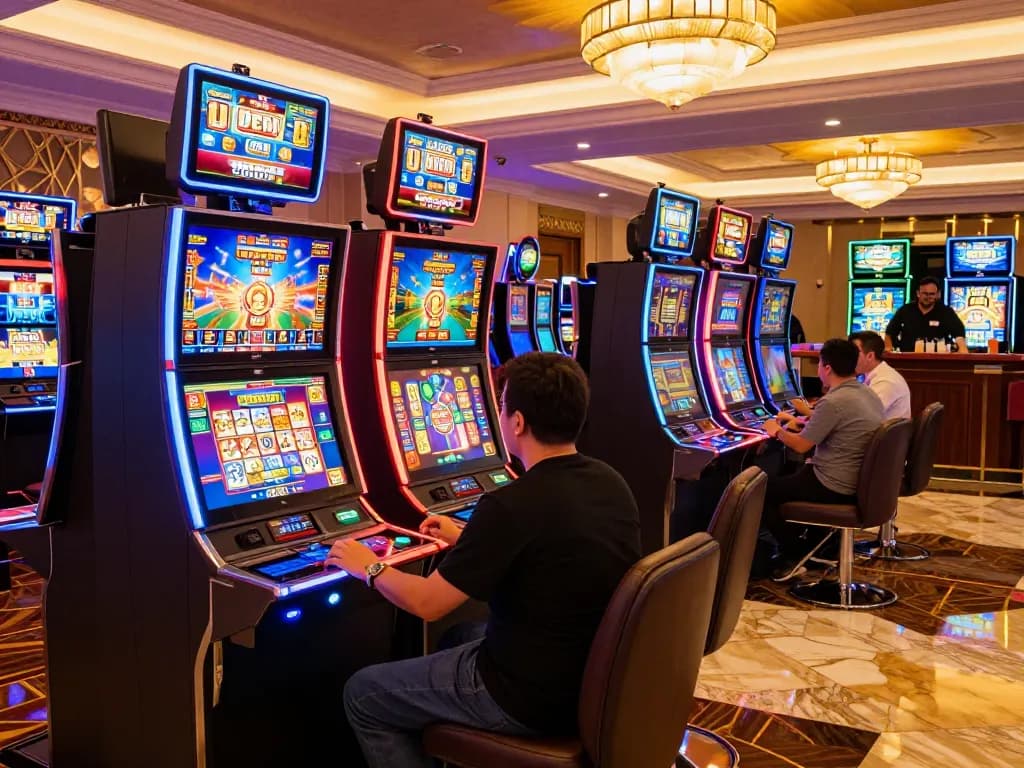 octaslot players celebrating wins at vibrant slot machines in a luxurious casino