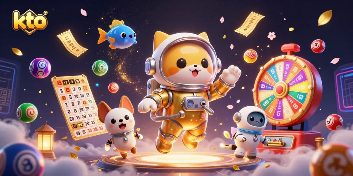 KTO online casino illustration showcasing an astronaut cat and robot dog in a thrilling gambling environment.