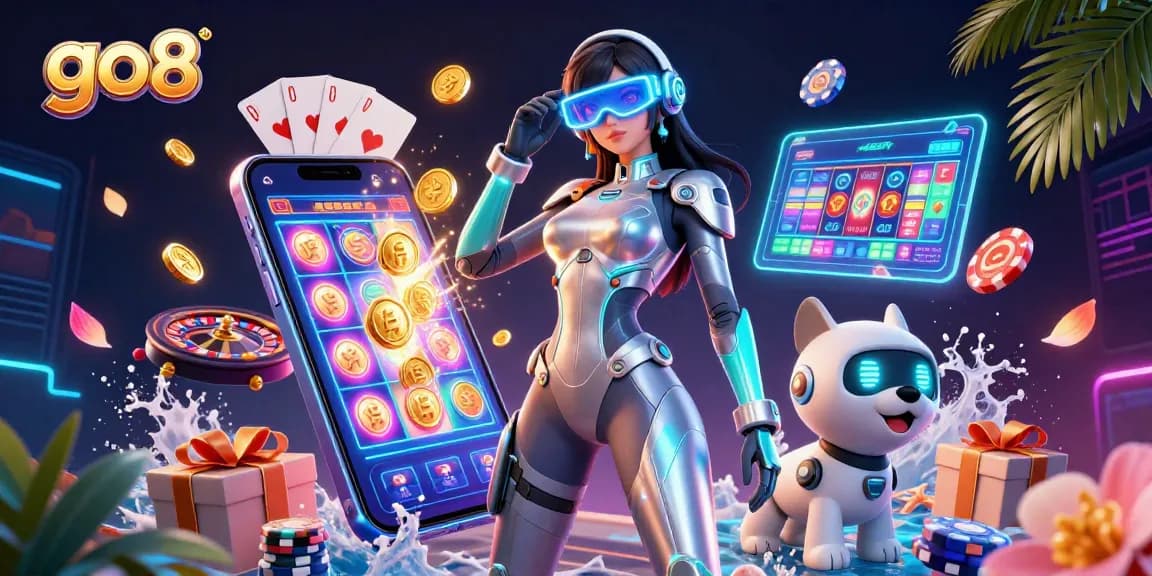 Experience excitement at go8 with a stunning woman and robotic dog amidst vibrant casino elements.
