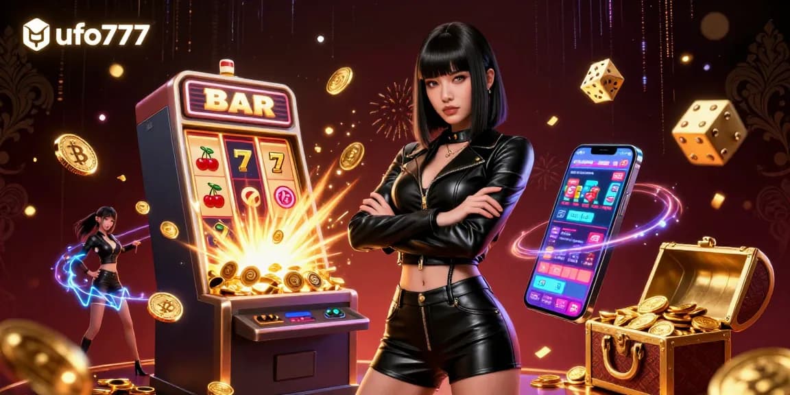 Engage with ufo777's thrilling slot games in a vibrant 3D casino scene overflowing with excitement.