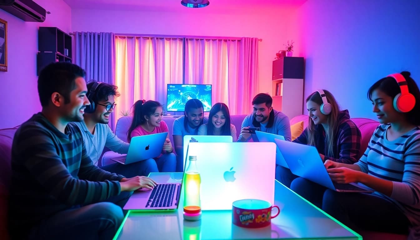 Gamers engaged in an exciting online experience at https://sv66s.net/ with vibrant lighting and modern tech.