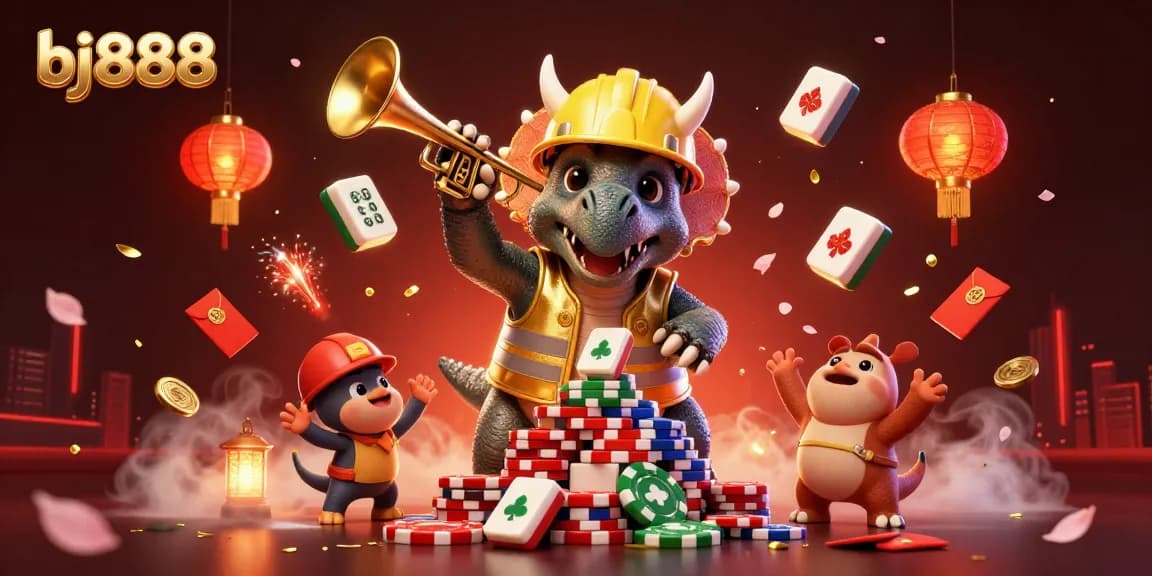 Experience the thrill of bj888 with a vibrant 3D illustration celebrating poker and casino fun.