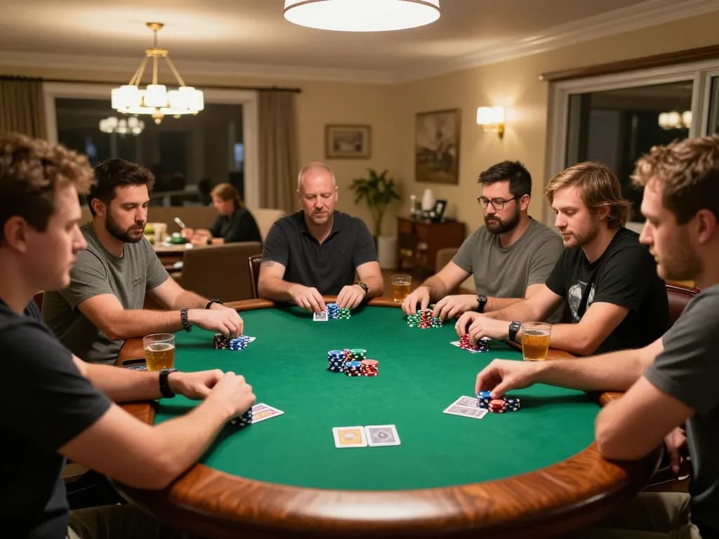 God55 players enjoying an exciting hand during a friendly poker night at home, showcasing vibrant chips and cards.