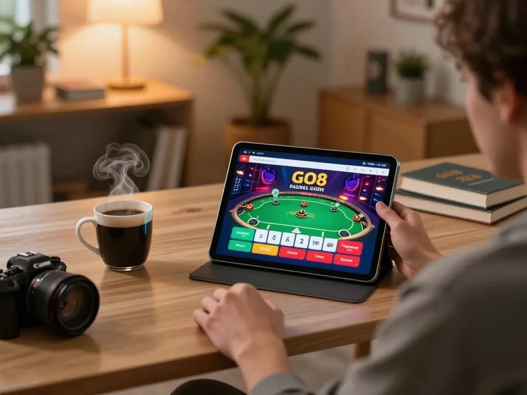 Engaging with the GO8 casino app on a tablet, showcasing a vibrant online gaming environment.