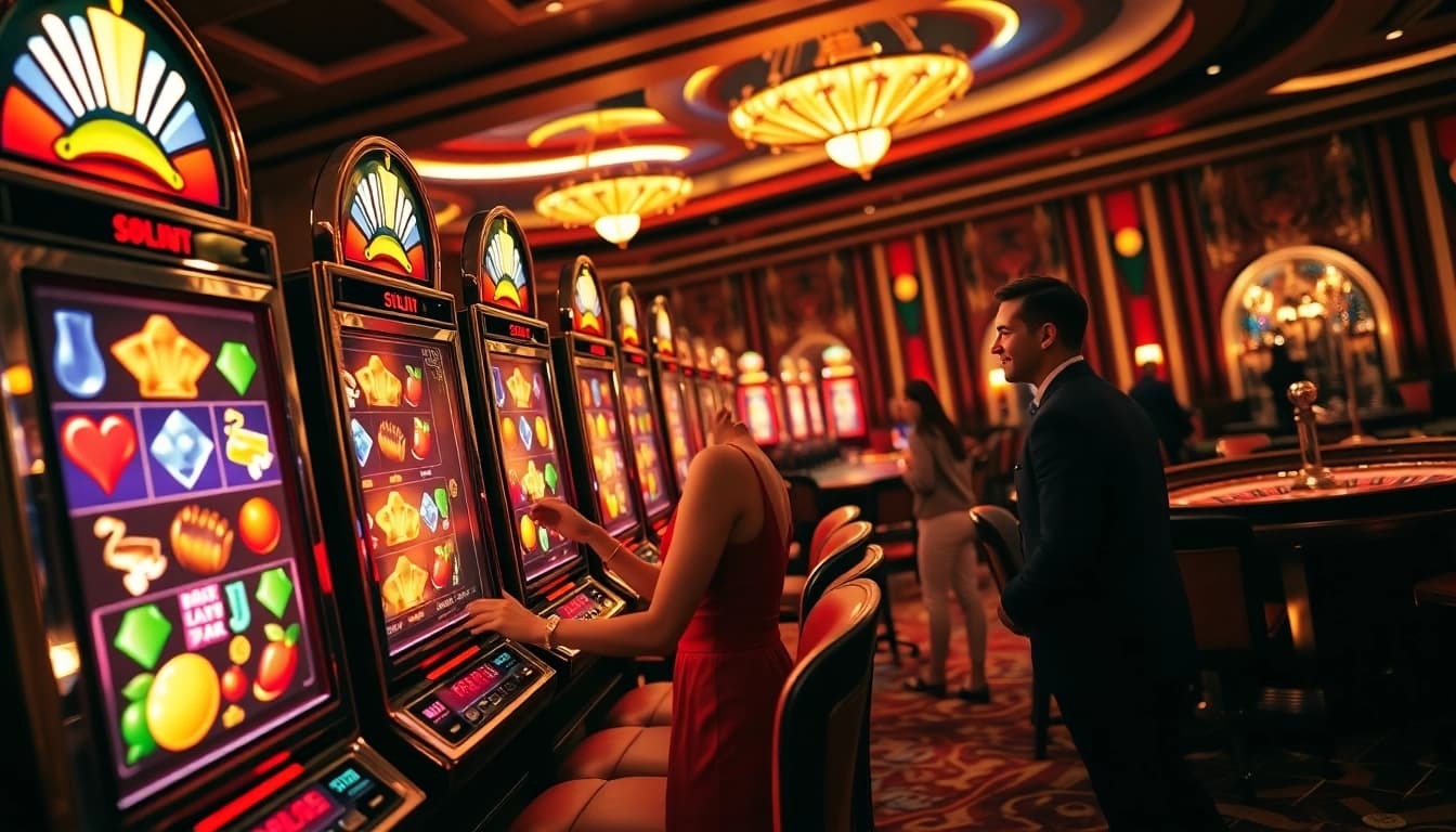 Mesin slot yang dipenuhi gulungan cerah menarik perhatian pemain dalam suasana kasino mewah.