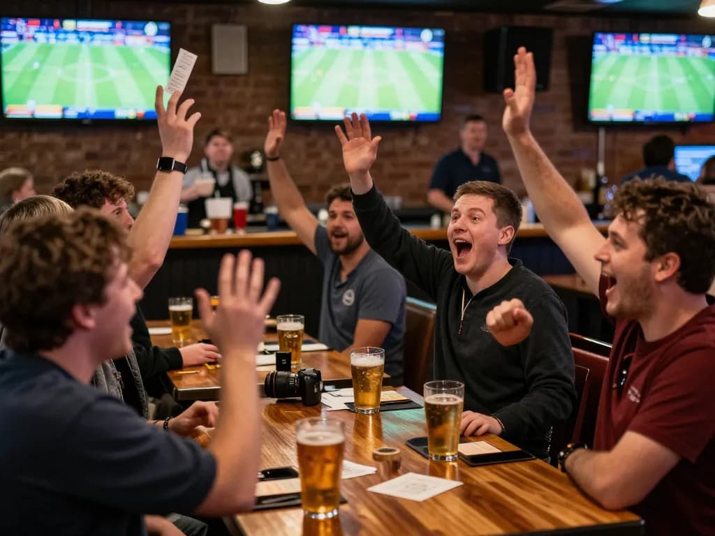 People enjoying live sports betting at a lively bar while using fabet app to place bets during the game.