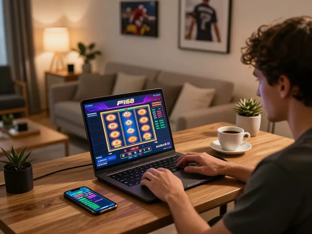 Player engaging with NHÀ CÁI F168 online casino platform on laptop at home, vibrant gaming interface visible.