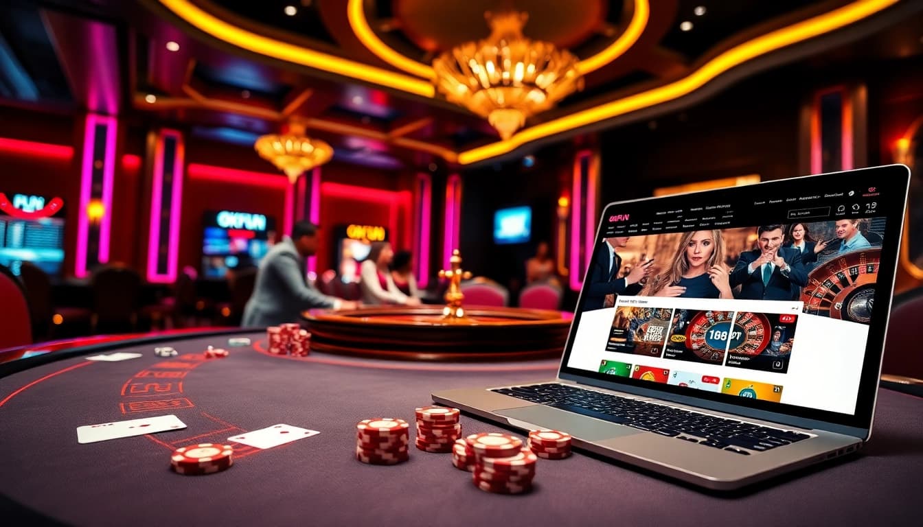 Players enjoying a thrilling game at OKFUN Casino, showcasing vibrant poker chips and cards.