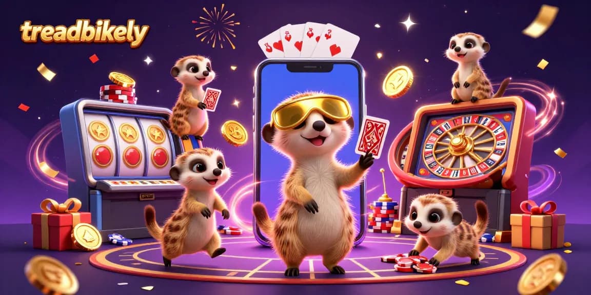 TreadBikely meerkats operating a vibrant casino with smart gaming elements and lively celebrations.