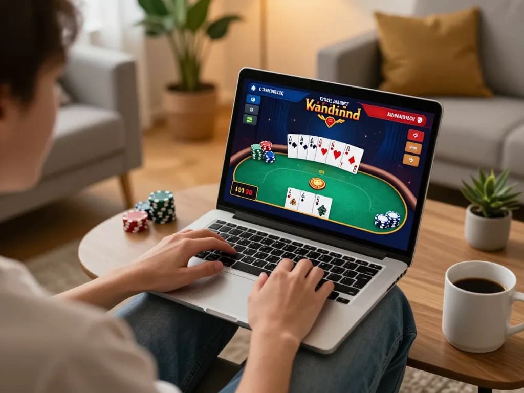 Engaging poker gameplay at home on Patokbet platform, highlighting casino strategy and comfort.