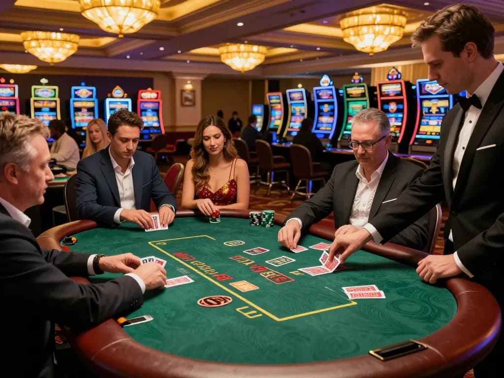 Players strategizing at a blackjack table in RR88 casino, vibrant scene showcases strategic gaming.