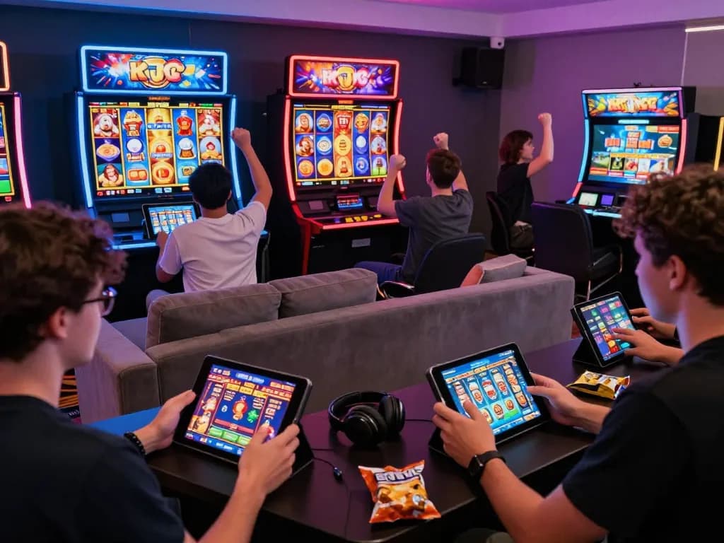 Pemain yang terlibat menikmati permainan situs slot dalam suasana bermain di rumah yang ceria.