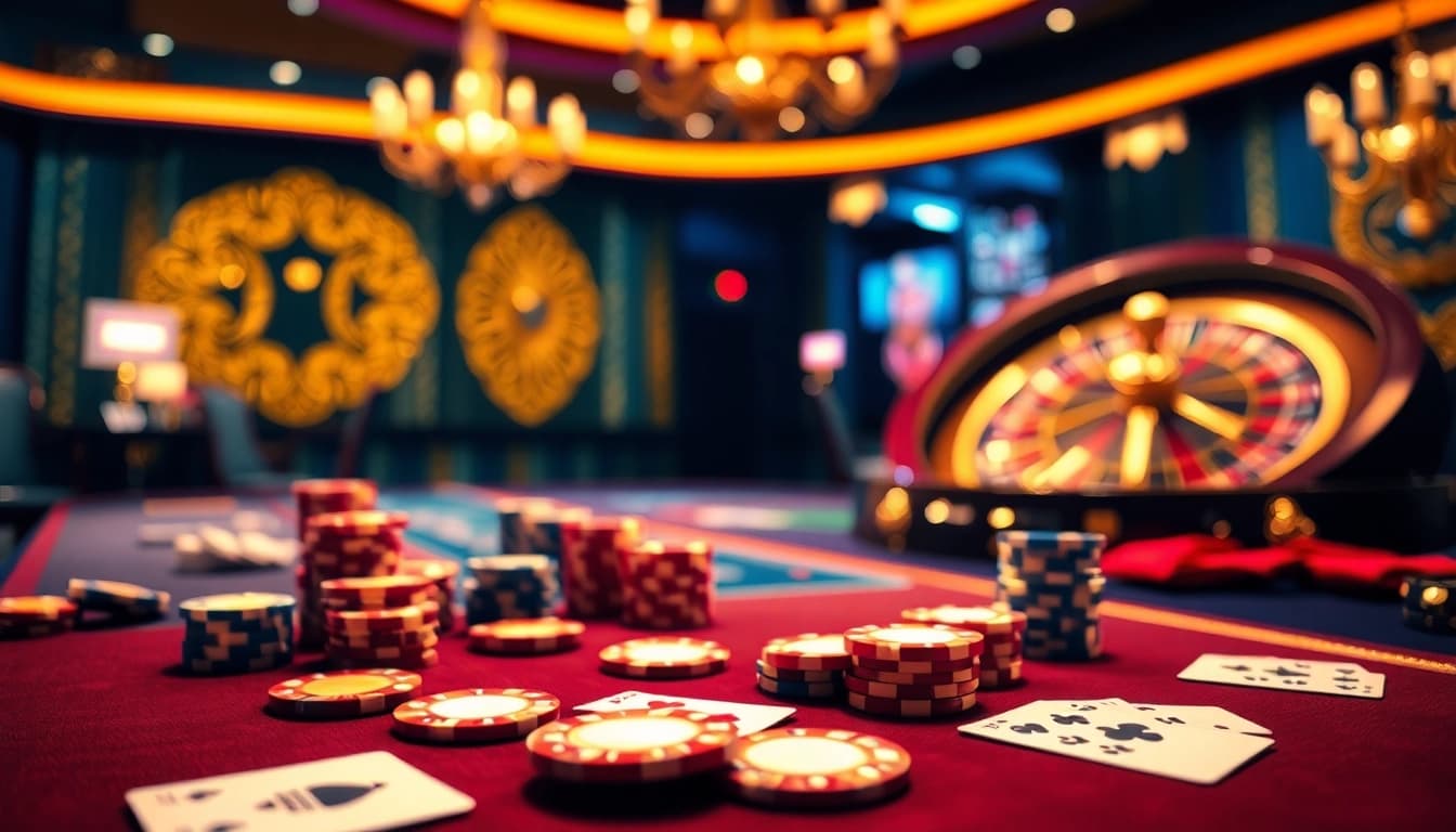 Engaging image of a luxurious casino table showcasing the theme of เว็บไซต์คาสิโนปลอดภัย ควบคุมบัญชีผู้ใช้ได้ with poker chips and cards.