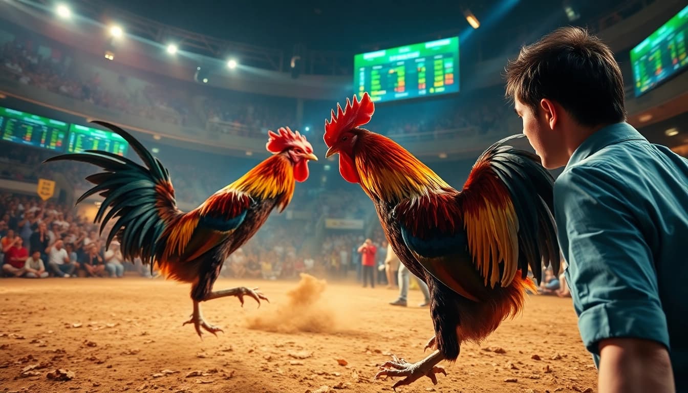 Live action of dagatructiep 1 with vibrant roosters fighting in an exciting arena.