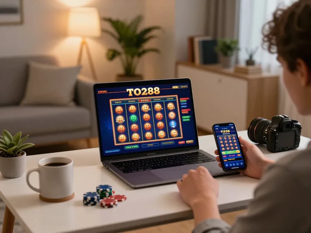 Engaging online gaming experience on TO288 with laptop displaying vibrant slot games and smartphone.