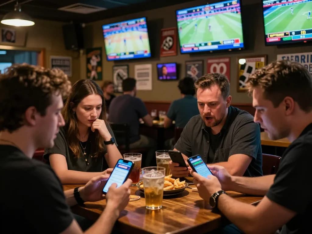 Experience tỷ lệ kèo nhà cái 5 as patrons cheer while placing bets on their smartphones in a lively sports bar setting