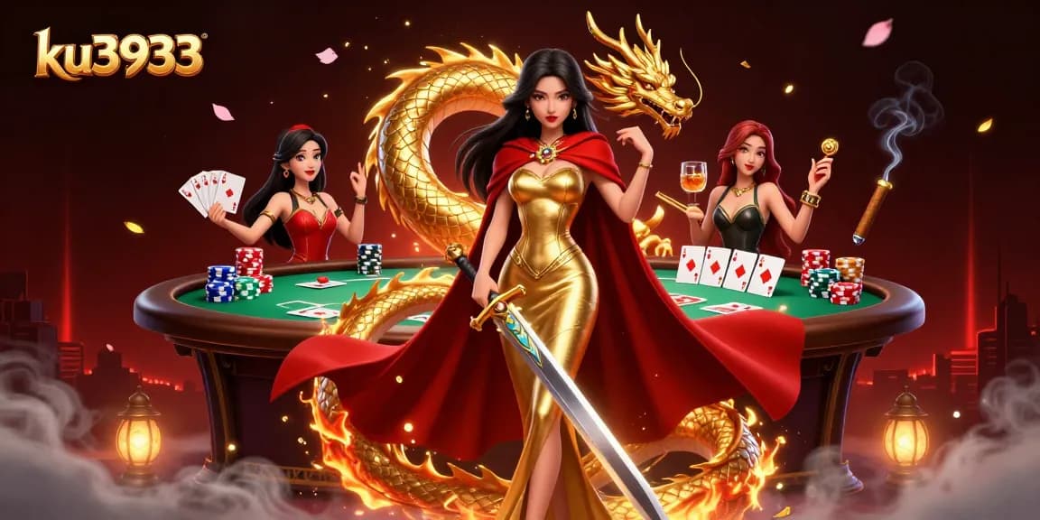 ku3933 captivating poker scene featuring a warrior queen and golden dragon amidst vibrant casino elements