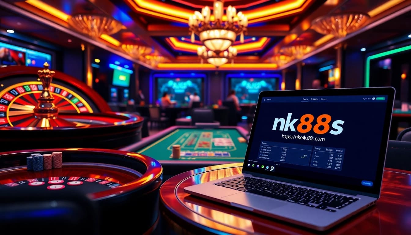 Engaged gamblers exploring the online gaming interface at https://nk88s.com/ with thrilling casino elements.