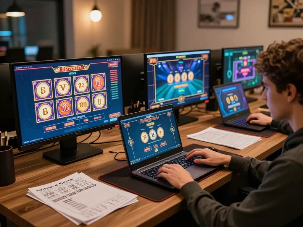 The player immersed in online gaming experience at nhà cái uy tín Nk88, strategizing with notes and multiple screens.