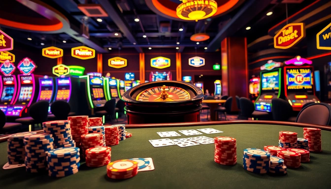 Engaging scene of 188bet poker players at a vibrant casino table with chips and cards.