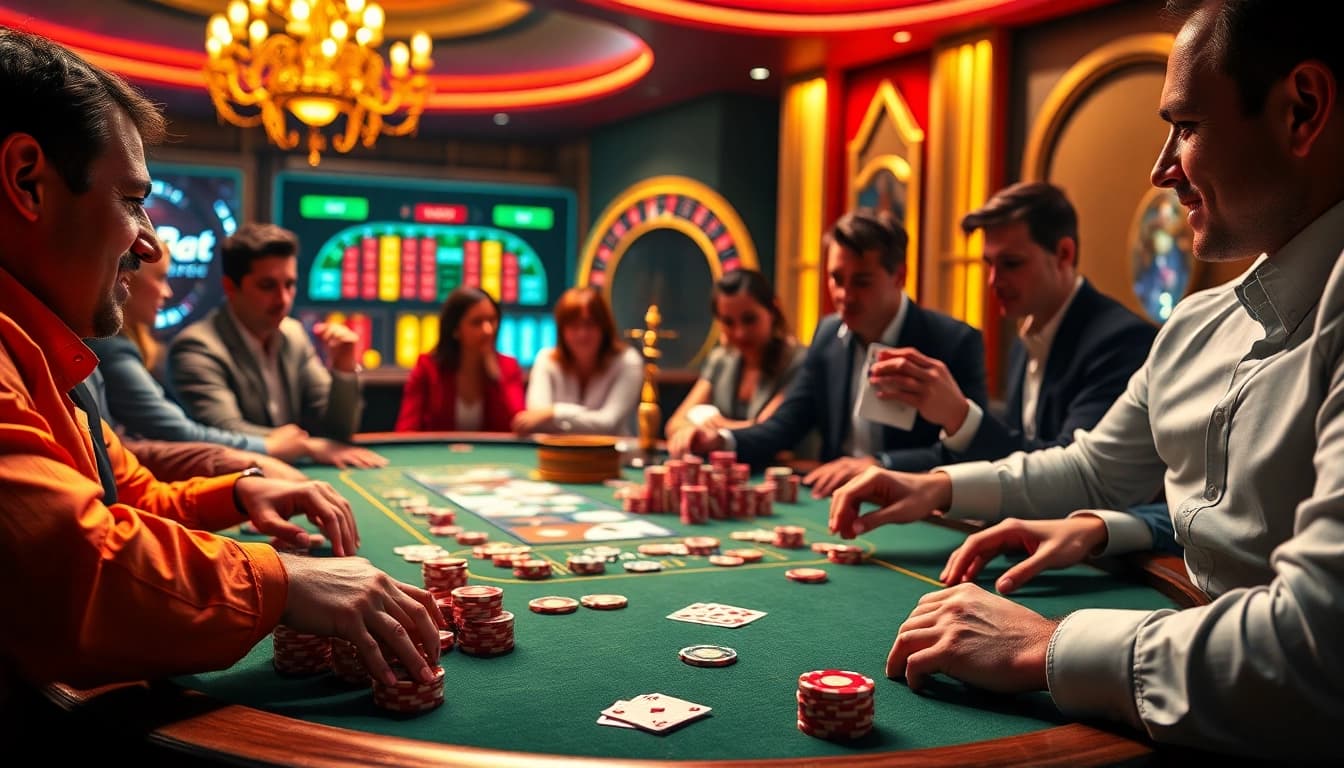 Engaging poker players enjoying a high-stakes game at hbbet5.art casino.