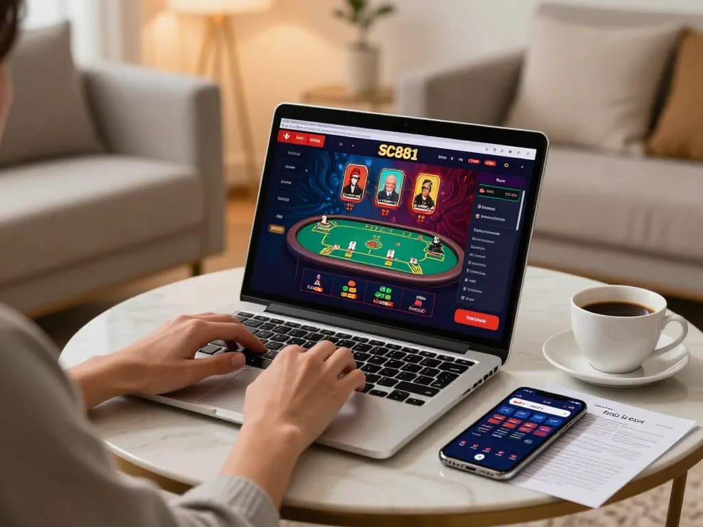 Engaging in strategic online gaming at sc881 casino with a cozy laptop setup and notes for responsible betting.