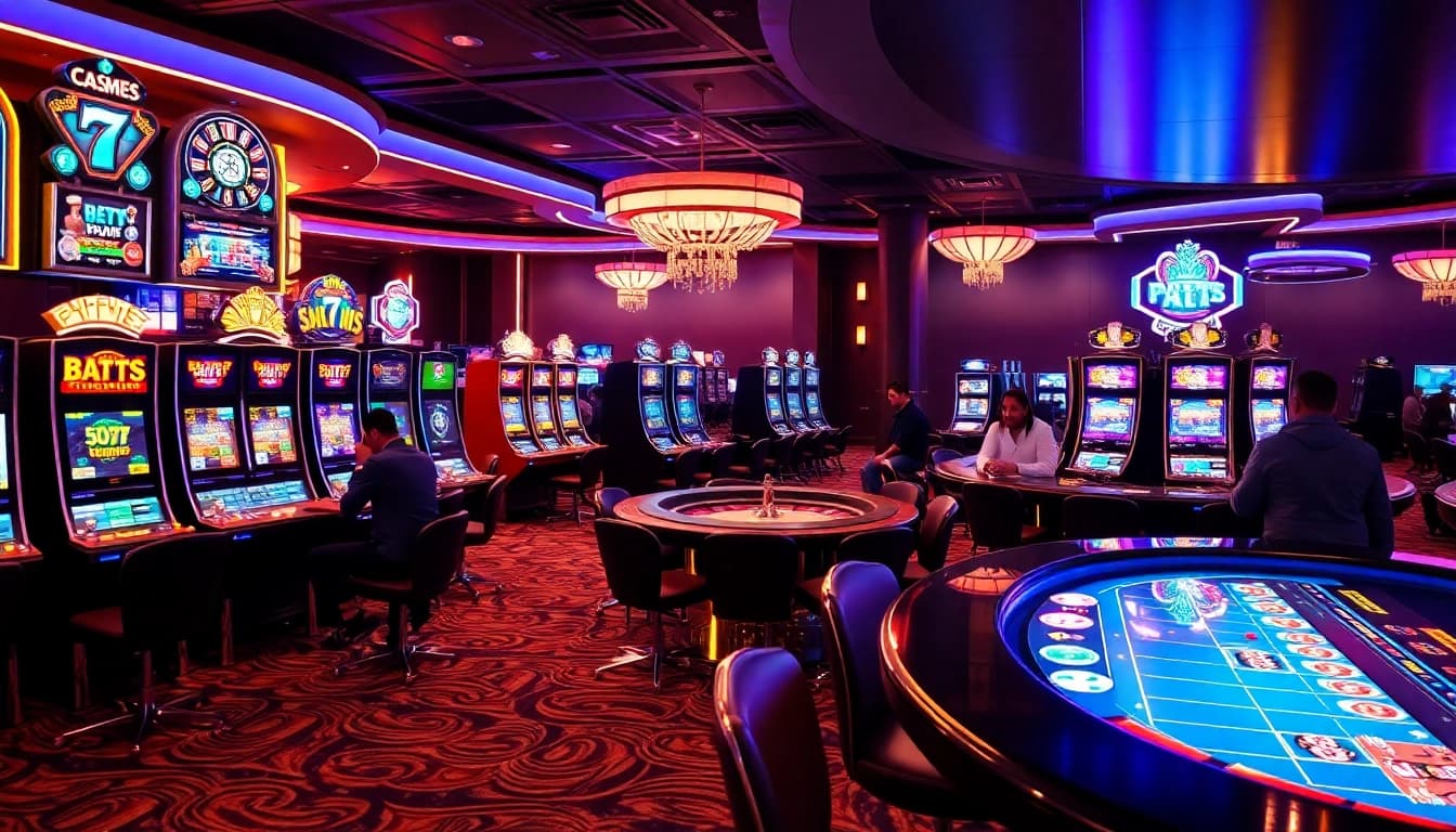 Players enjoying dynamic gaming action at situs11 with vibrant slot machines and poker tables.