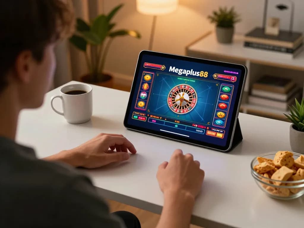 Engaging roulette gameplay on megaplus88, showcasing vibrant game interface in a cozy home setting.