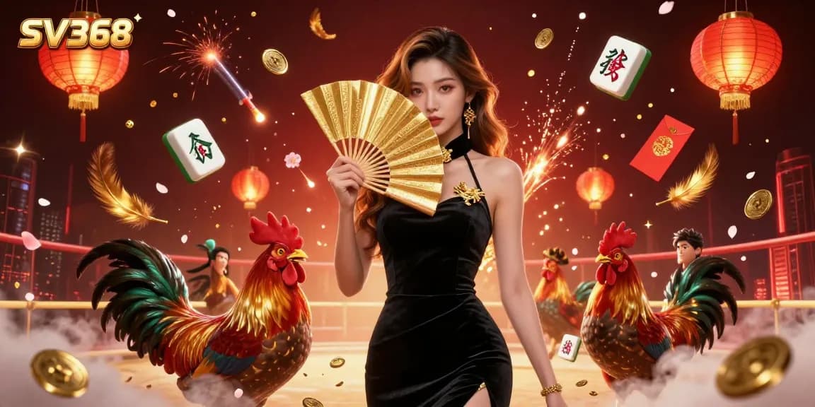 Experience the thrill of SV368 with stunning visuals of an elegant Asian woman in a vibrant cockfighting scene.
