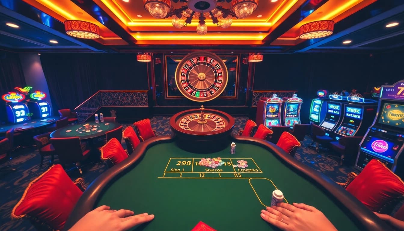 A vibrant casino scene showcasing lively gameplay at 789win223.com with roulette wheels and poker tables.