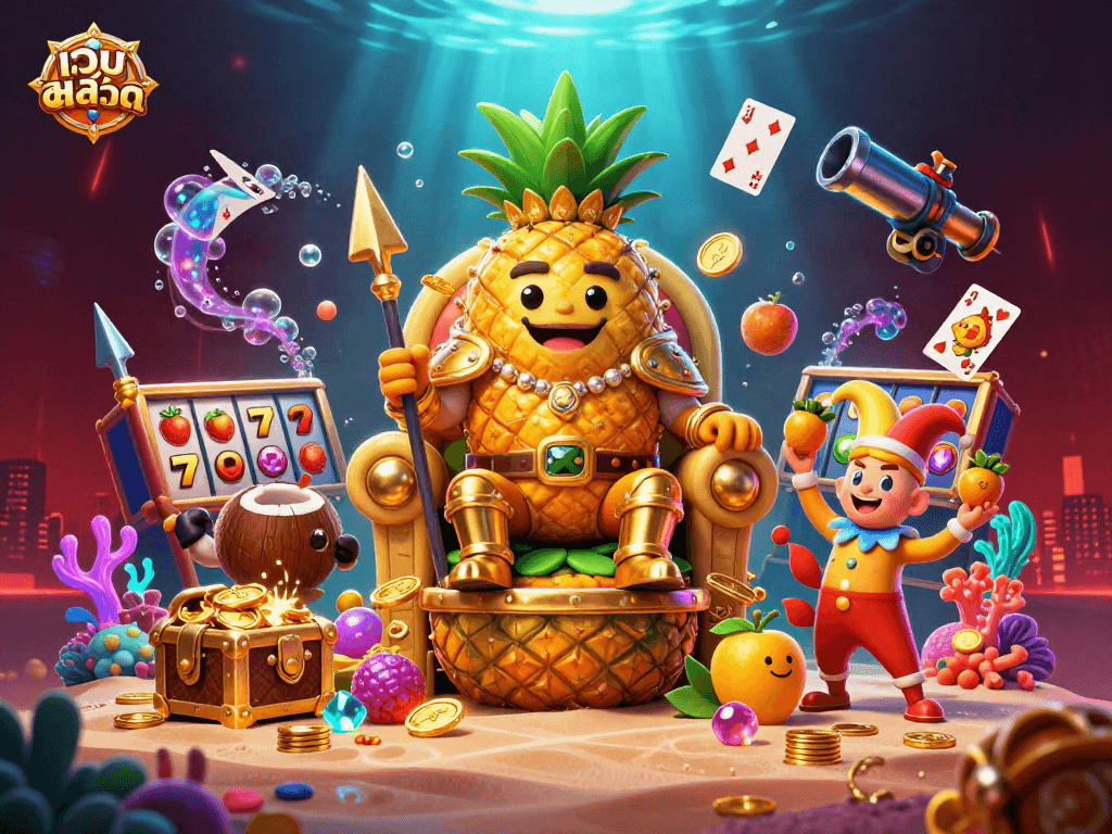 Experience thrill and excitement with เว็บสล็อต as the golden pineapple king reigns in a vibrant casino scene.