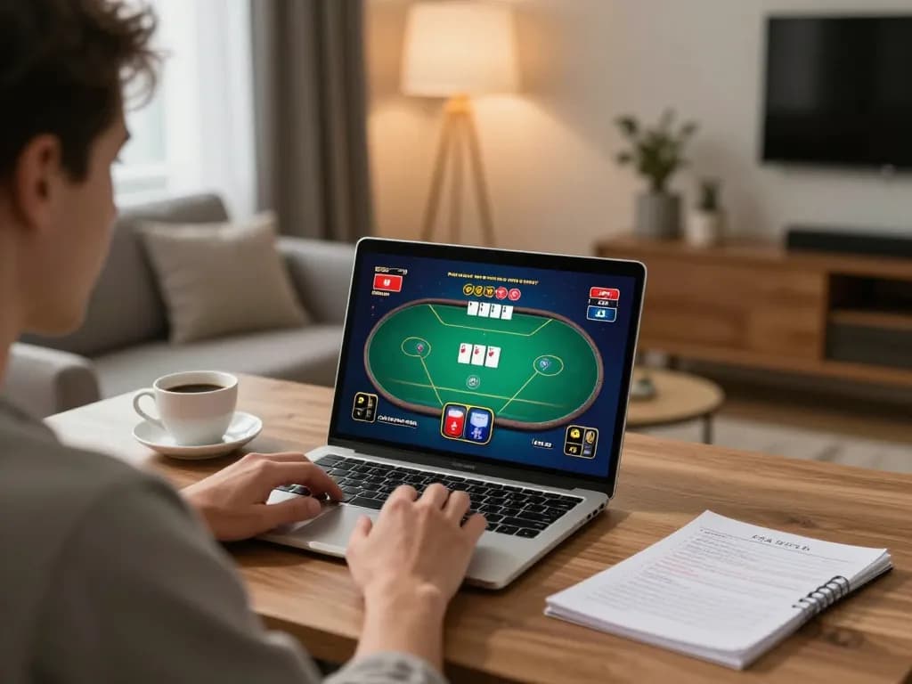 Engage in a strategic online poker game with 68win, showcasing a cozy gaming setup.
