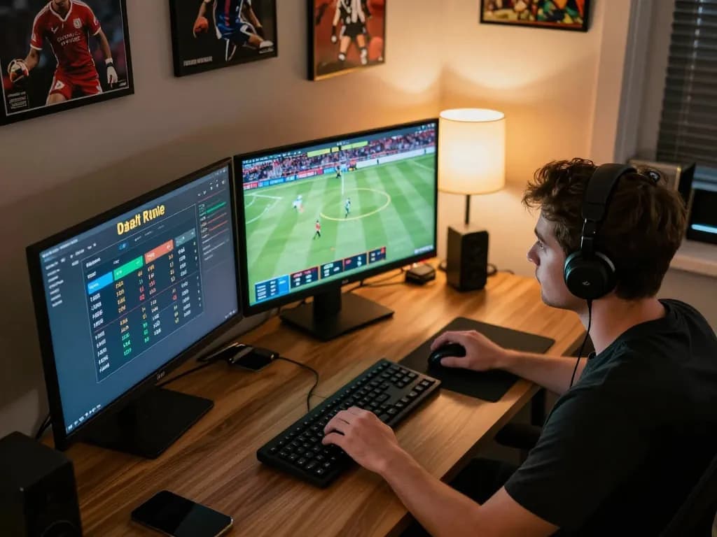 Person engaging with debet betting app on multiple screens in a stylish home setup