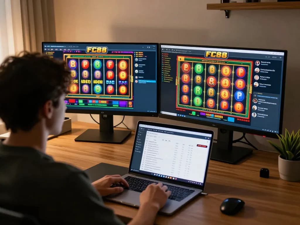 Engaging online gambling scene with FC88 slot game interface displayed on multiple screens.