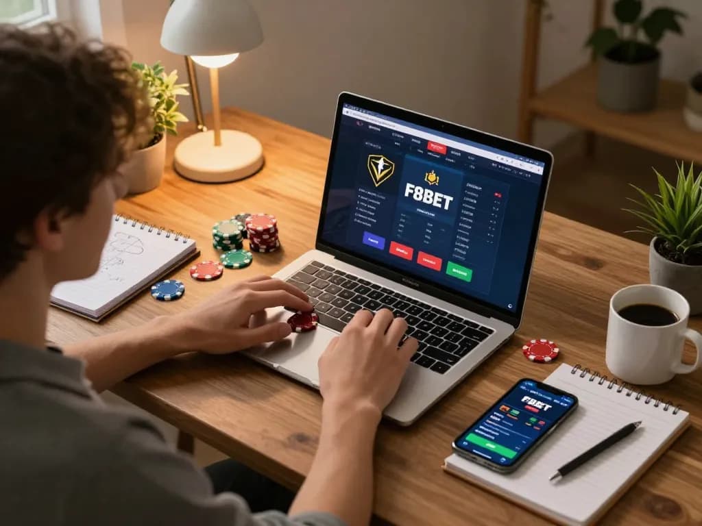 Engaging with F8BET online gaming interface on a laptop, showcasing strategic gameplay in a cozy home setting.