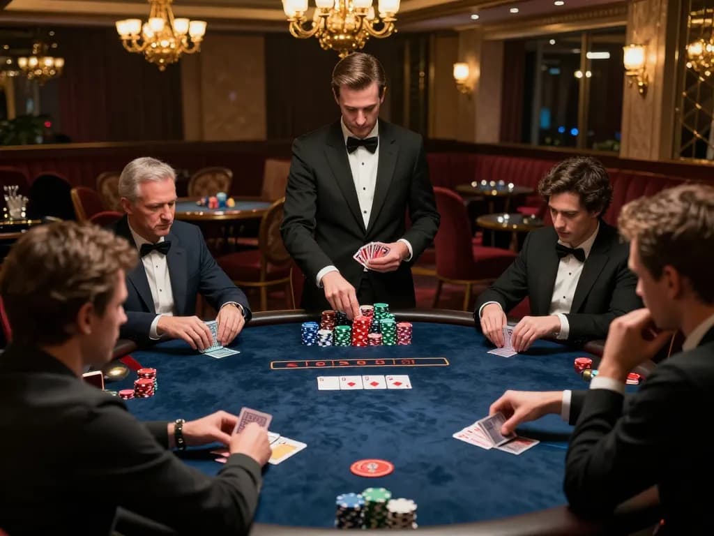 PLANET88 showcases an exciting high-stakes poker game with players deeply engaged in strategic decisions at a luxurious casino.