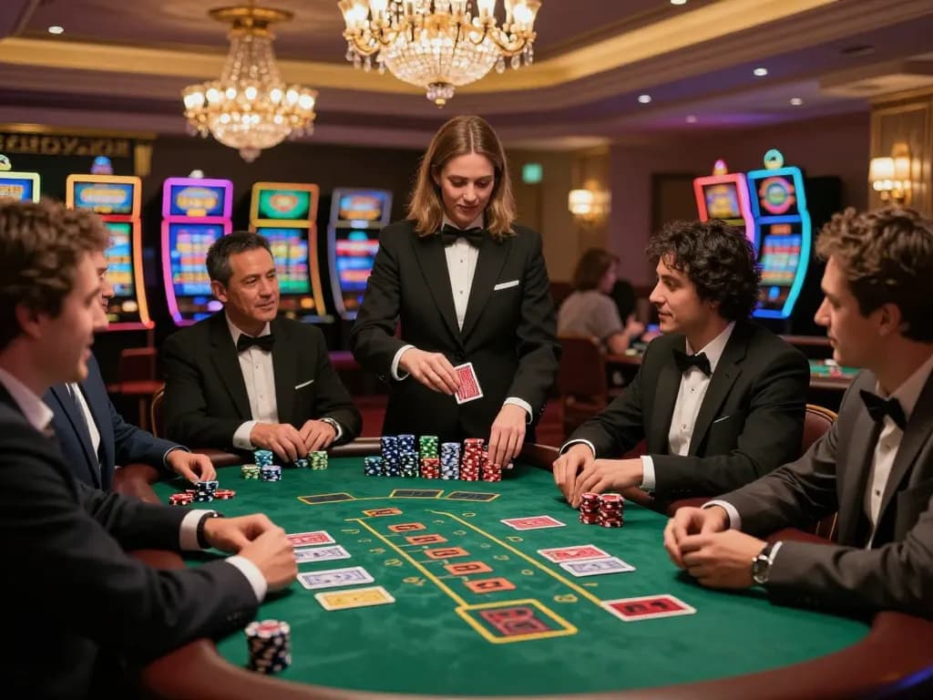 Pemain Trapstarstores terlibat dalam strategi blackjack intens di kasino yang ramai.
