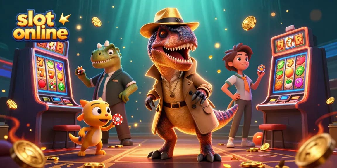 Enjoy slot online with a cartoon velociraptor card counter and friends at a slot machine.