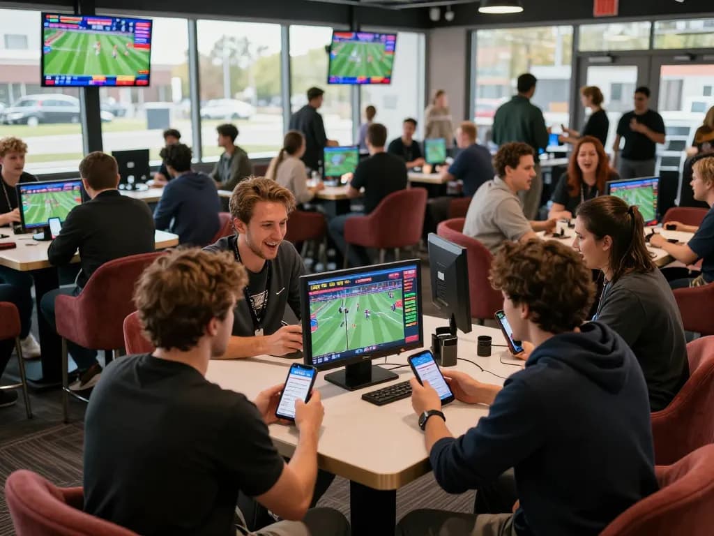 Excited sports fans placing bets with the go8 com app in a vibrant lounge atmosphere.