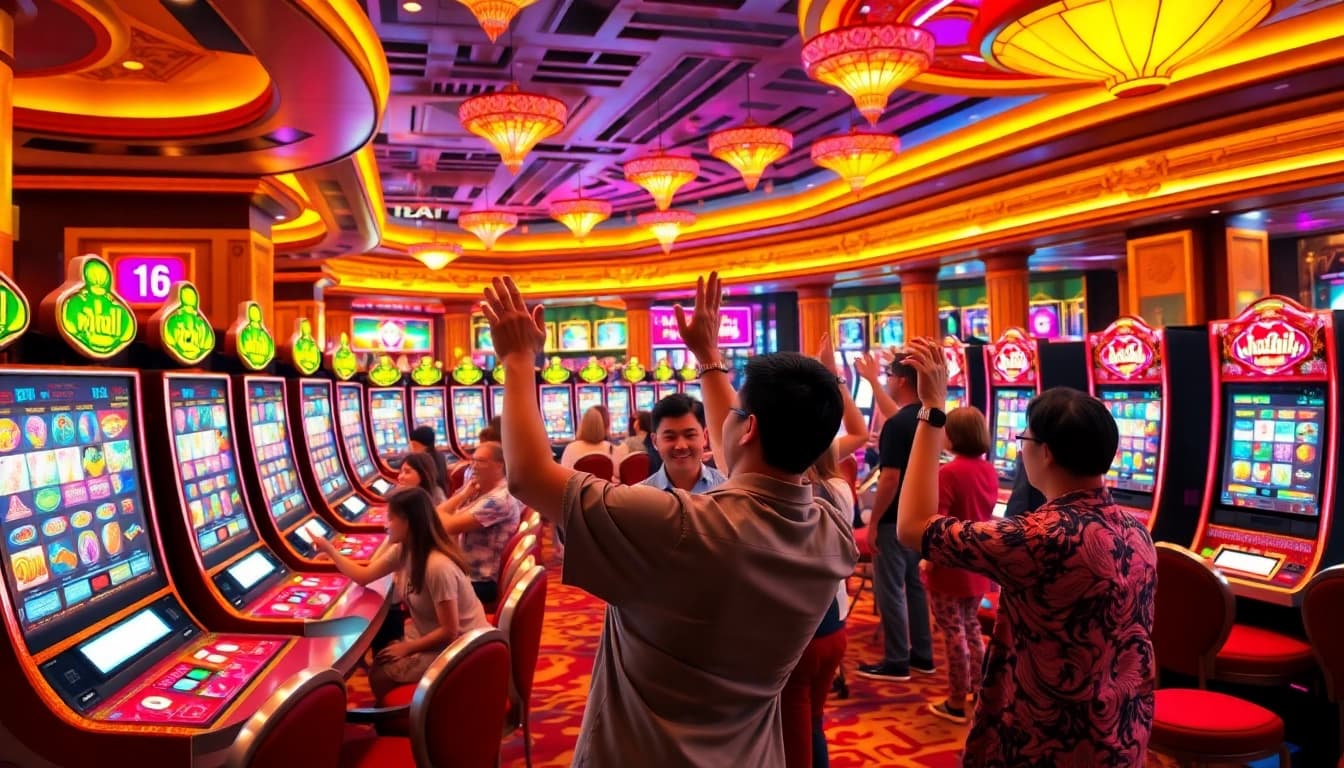 Gamblers celebrating a jackpot win on an exciting nổ hũ slot machine in a vibrant casino setting.
