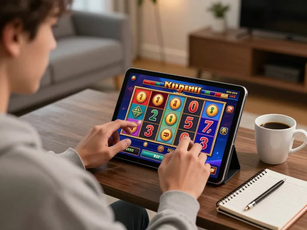 Slot game on a tablet showing vibrant reels and exciting wins during online play