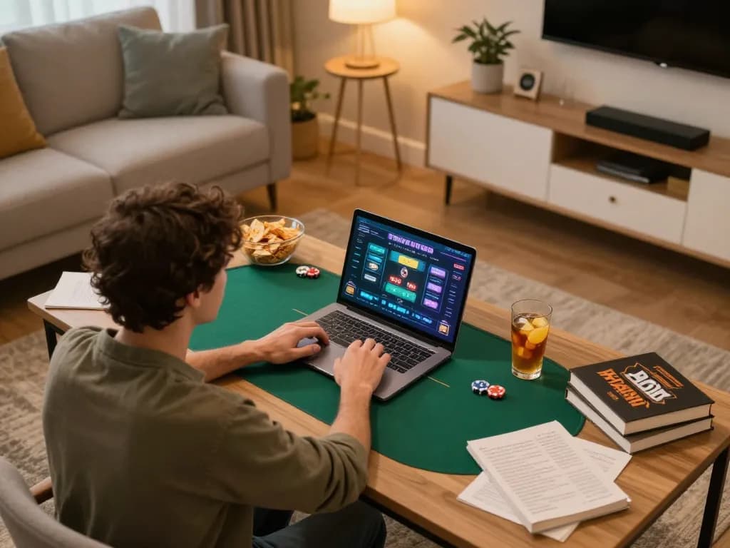 Engaged player enjoying a poker game on 777VIP mobile app in a cozy home setting.