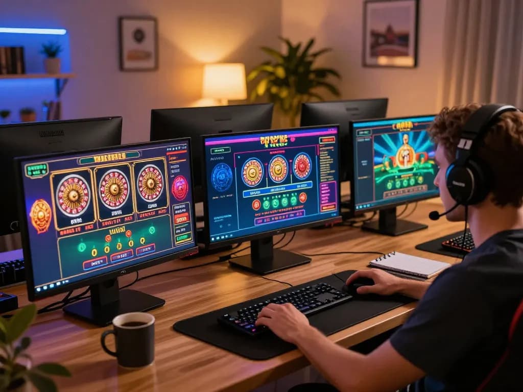 Pemain yang terlibat menjelajahi berbagai permainan di kasino online Planet77, menampilkan antarmuka permainan yang dinamis dan suasana yang nyaman.